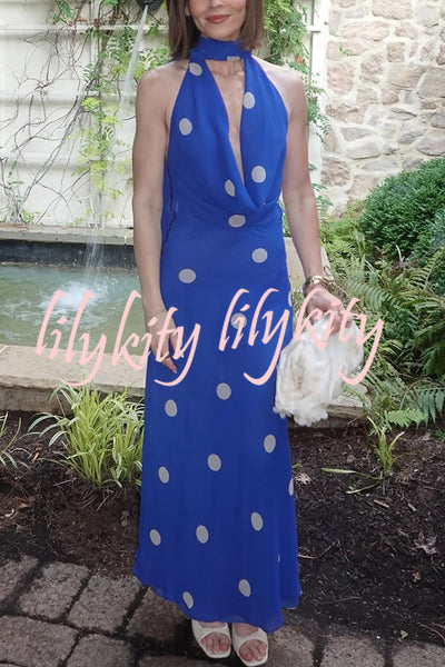 Fashion Polka Dot Print Sexy Halter Neck Backless Maxi Dress