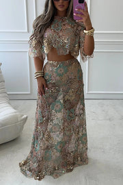 Fashionable Embroidered Flower Sequined Crop Top and Elegant Sheer Maxi Skirt Set