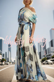 Unique Printed Bohemian Short-sleeved One-shoulder Maxi Dress