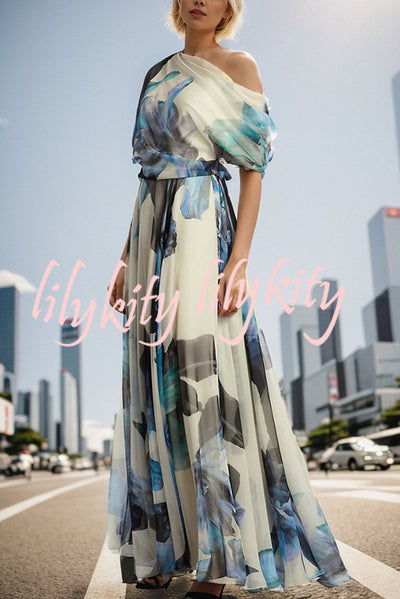 Unique Printed Bohemian Short-sleeved One-shoulder Maxi Dress