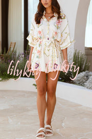Plant Print Lapel Half Sleeve Tie Waist Loose Rompers