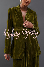 Solid Color Velvet Long-sleeved Waist Tie Top and Elastic Waist Casual Pocket Straight-leg Pants Set