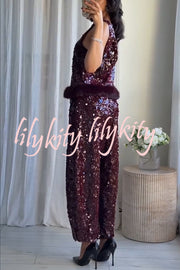 Gala Goddess Sequin Faux Fur Trim Crew Neck Sleeveless Loose Top