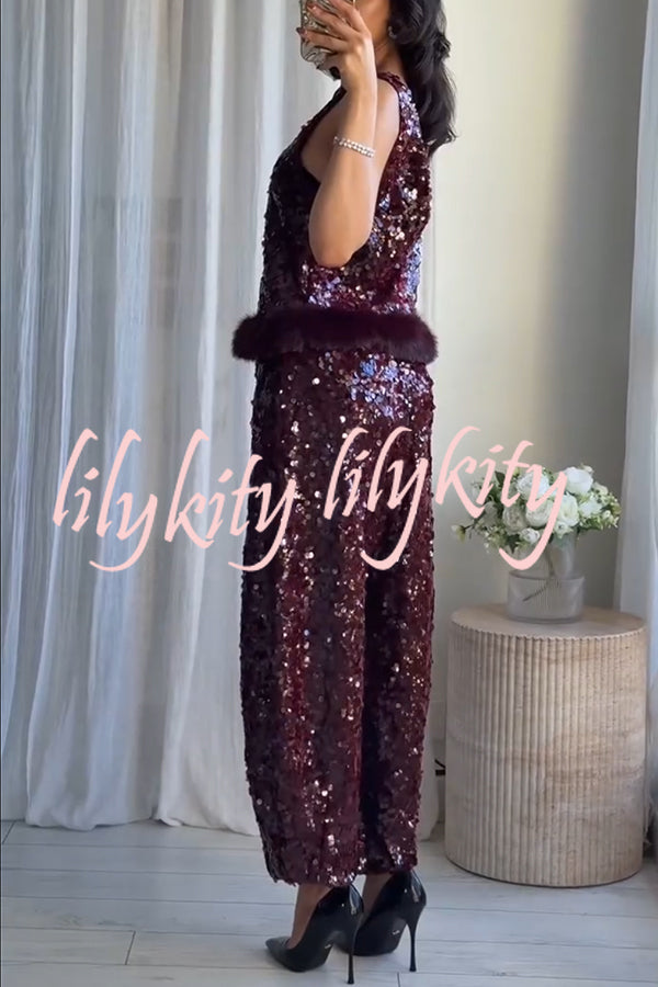 Gala Goddess Sequin Faux Fur Trim Crew Neck Sleeveless Loose Top