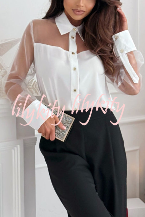 Solid Color Mesh Stitching Lapel Long Sleeve Elegant Shirt