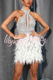 Stylish Sequined Sleeveless Feather-embellished Slim-fit Mini Dress