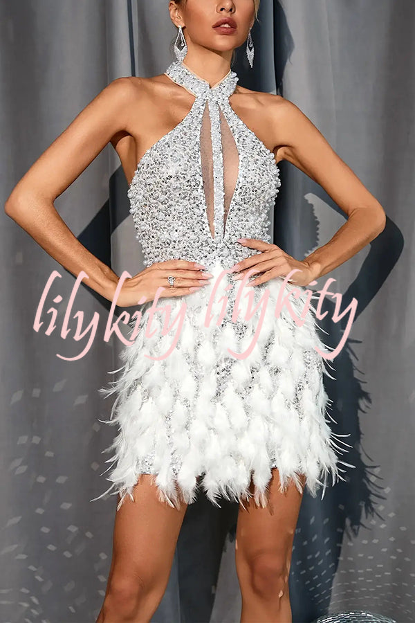 Stylish Sequined Sleeveless Feather-embellished Slim-fit Mini Dress