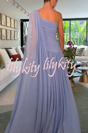 End of Light Chiffon One Shoulder Single-sleeve Shawl Ruched Maxi Dress