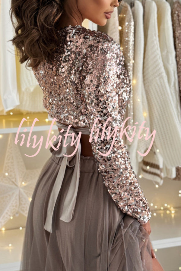 Holiday Party Sequin Long Sleeve Back Satin Tie-up Crop Top