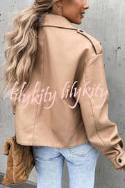 Stylish Leather Lapel Pocket British Style Cropped Jacket