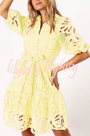 Solid Color Lace Cutout Balloon Sleeves and Waist Tie Mini Dress