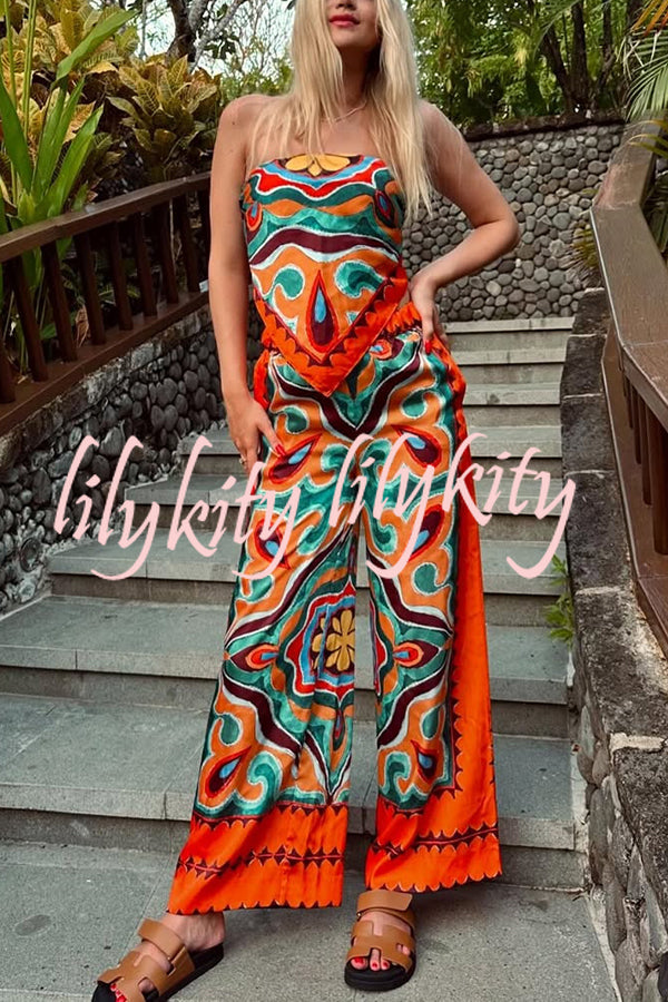 Ethnic Style Unique Print Tube Top and Elastic Waist Casual Pocket Wide Leg Pants Set