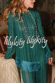 Relaxing Time Knit Zigzag Pattern Tassel Trim Slit Top and Wide Leg Pants Set