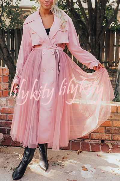 Catwalk Crush Tulle Patchwork Button Up Belted Trench Coat