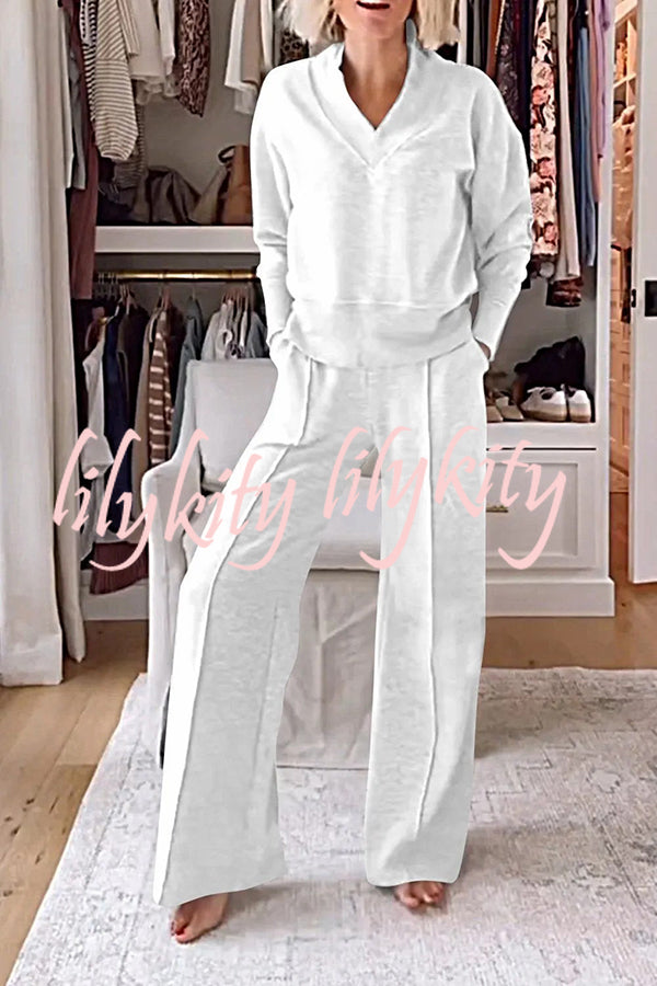 Weather Gets Cold Solid Color V-neck Top and Elastic Waist Pocketed Lounge Pants Set