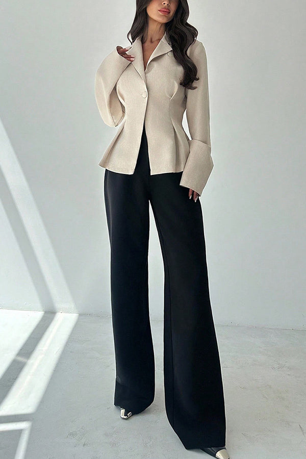 Solid Color Lapel Long Sleeve Fitted Waist Elegant Blazer
