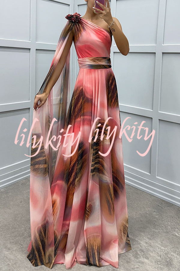 Lucia Unique Print Floral Detail One Shoulder Draped Sleeve Gown Maxi Dress