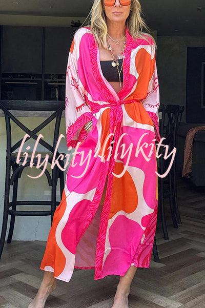 Elevate Beach Style Unique Print Long Sleeve Belted Pocket Cover-up Kimono