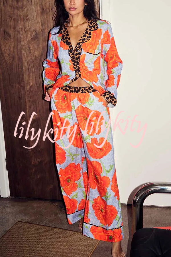 Color-block Poppy Leopard Print Trim Loose Shirt and Elastic Waist Pocketed Pajama Set