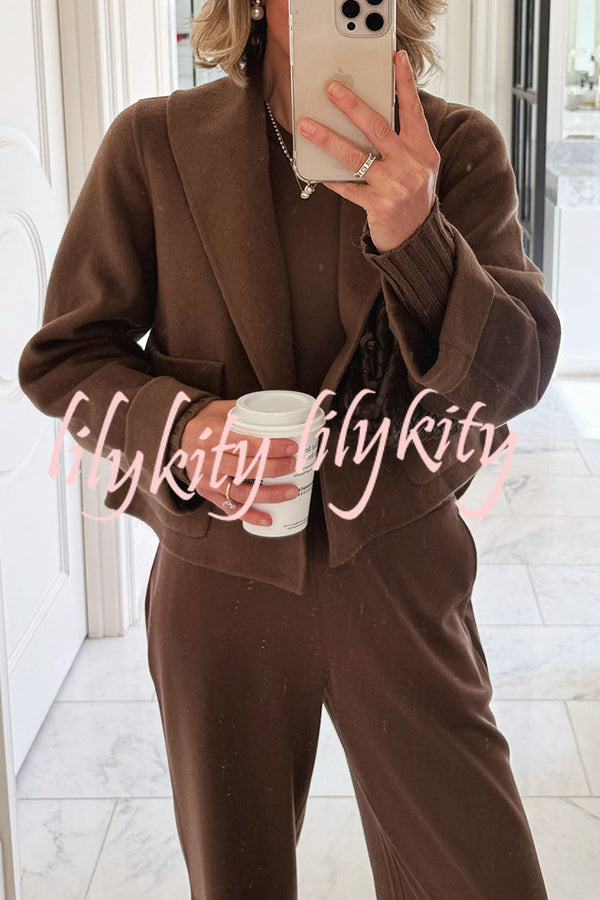 Comfortable Season Shawl Collar Open-front Long Sleeve Flap Pockets Crop Coat
