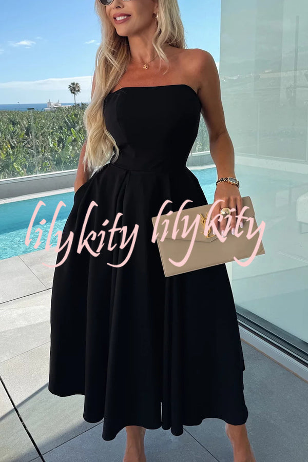 Sweet Cascade Solid Color Off Shoulder Pocket Full Hem Midi Dress