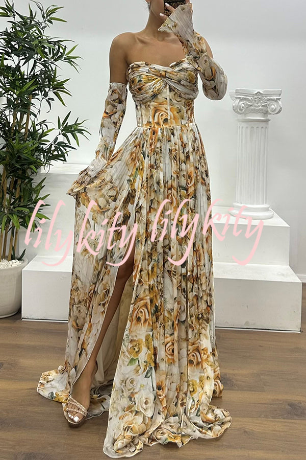 Reina Chiffon Floral Print Pleated Bodice Split Sleeve Strapless Slit Maxi Dress