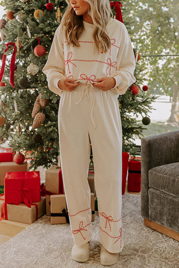 Candy Cane Cutie Loose Bow Tie Long-Sleeved Sweatshirt and Elastic Waist Pocket Pants Set
