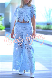 Eliose Scallop Cutout Embroidery Lace Elastic Waist Pocket Loose Pants