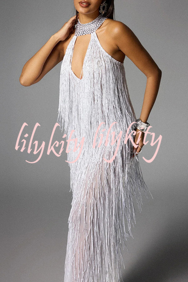 Glimmer Hour Shiny Layered Tassels Halter Cutout Neck Split Maxi Dress