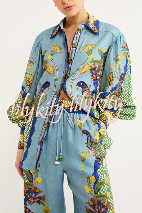 Sun Seeking Unique Heaven Bird Print Balloon Sleeve Button Loose Shirt