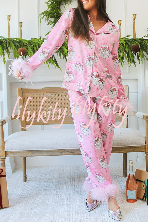 Christmas Besties Party Printed Feather Trim Elastic Waist Pocketed Pajama Set