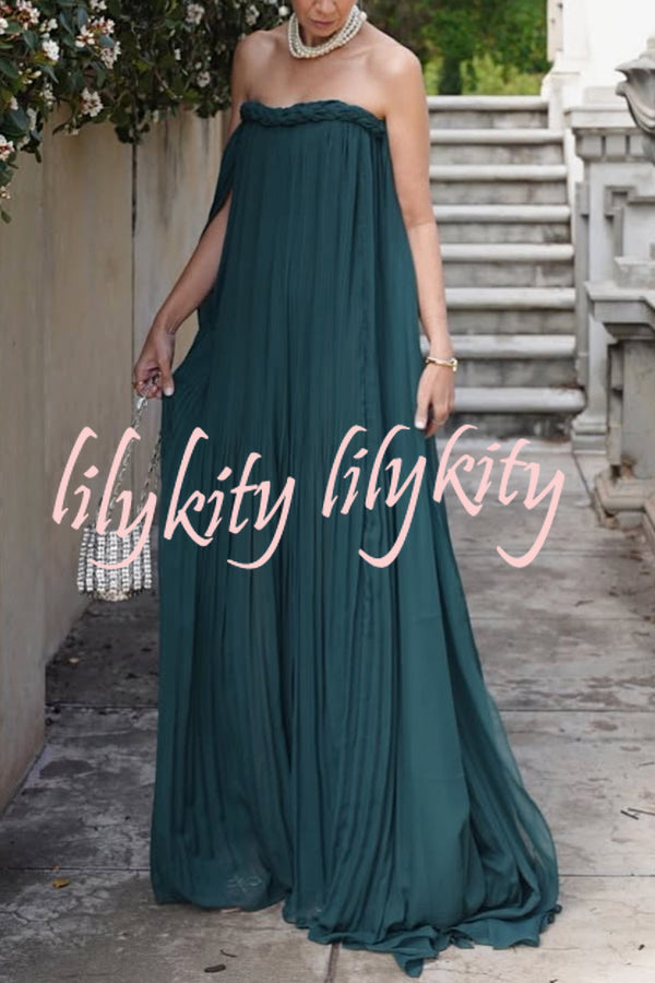 Fairy Spirit Tulle Braided Neckline Tie Arm Straps Pleated Maxi Dress