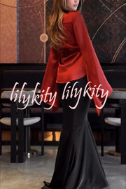 Jenny Satin Button Front Center Cross Straps Long Bell Sleeve Shirt