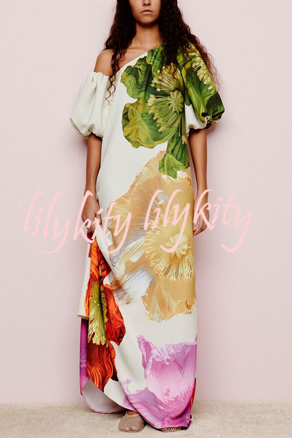 Floral Print Slant Collar Puff Sleeves Loose Holiday Maxi Dress