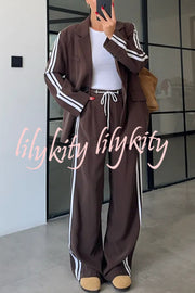 Levvie Striped Trim Long Sleeve Lapel Blazer and Rope Belt Pocketed Wide Leg Pants Set