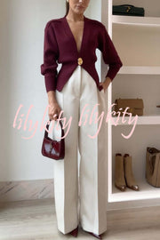 Only Yours Knit Metal Leaf Shape Button Lantern Sleeve Relaxed Cardigan