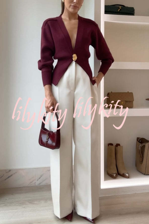 Only Yours Knit Metal Leaf Shape Button Lantern Sleeve Relaxed Cardigan