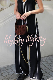 Vera Contrast Piping Panels A-line Tank and Elastic Waist Pocketed Wide Leg Pants Set