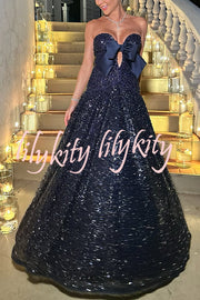 Sparkling Sky Sequin Satin Bow Detail Off Shoulder Prom Maxi Dress