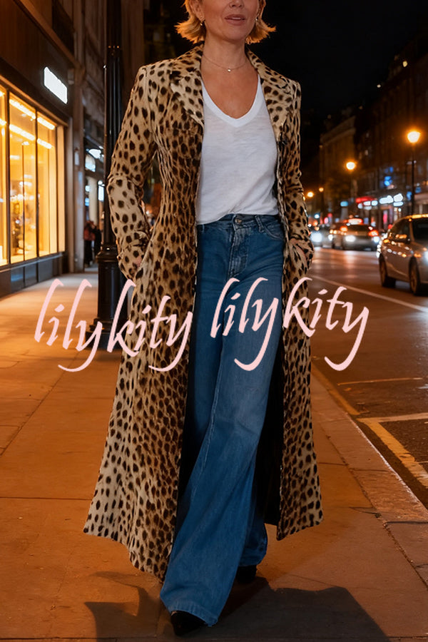 Leopard Print Long Sleeve Pocket Casual Maxi Trench Coat