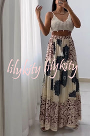 Unique Print Elastic High Waist Tie Pocket Holiday Style Wide Leg Pants