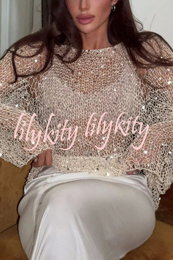 Fashion Sequined Hollow Long Sleeve Loose Knit Top