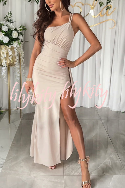 Party Love One Shoulder Ruched Waist Ruffle Slit Maxi Dress