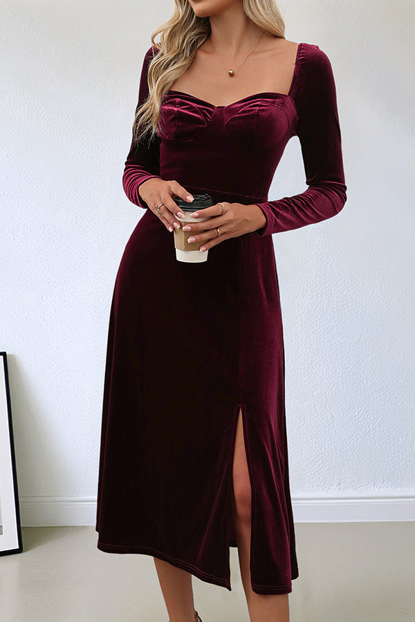 Solid Color Velvet Square Neck Long Sleeve Slit Midi Dress