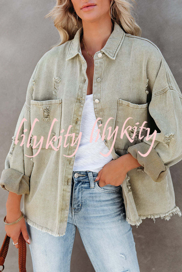 Stylish Lapel Long Sleeve Ripped Denim Jacket