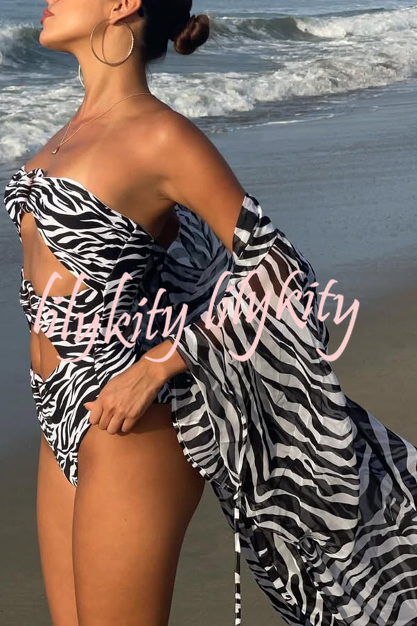 Marsie Zebra-print Ring Cutout Details Off Shoulder Stretch One-Piece Swimsuit