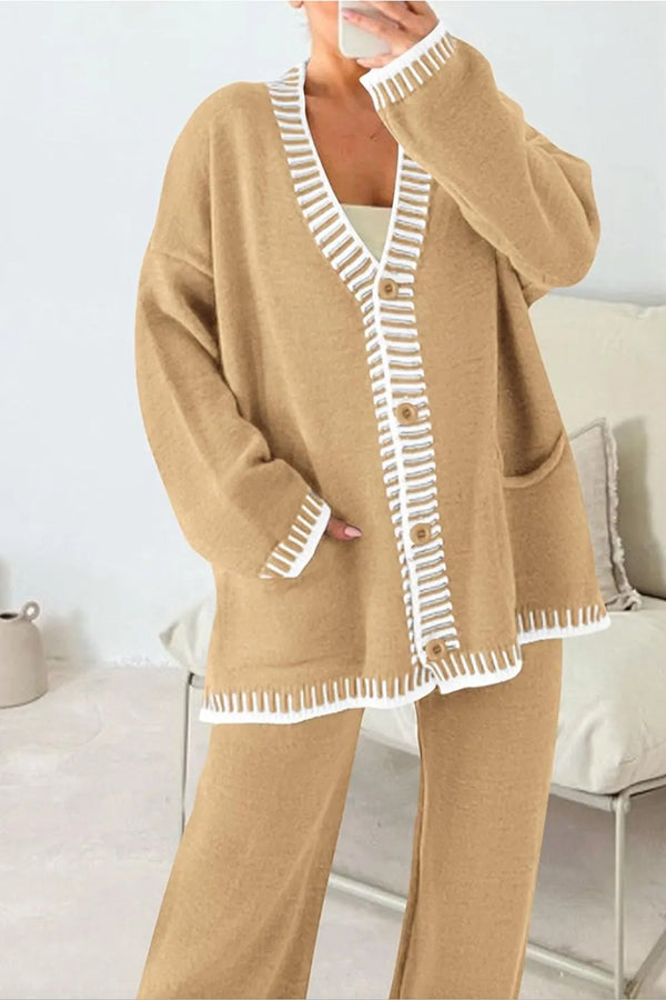 Fashion Casual Knitted Long Sleeve Pocket Cardigan and Elastic Waist Loose Wide Leg Pants Set