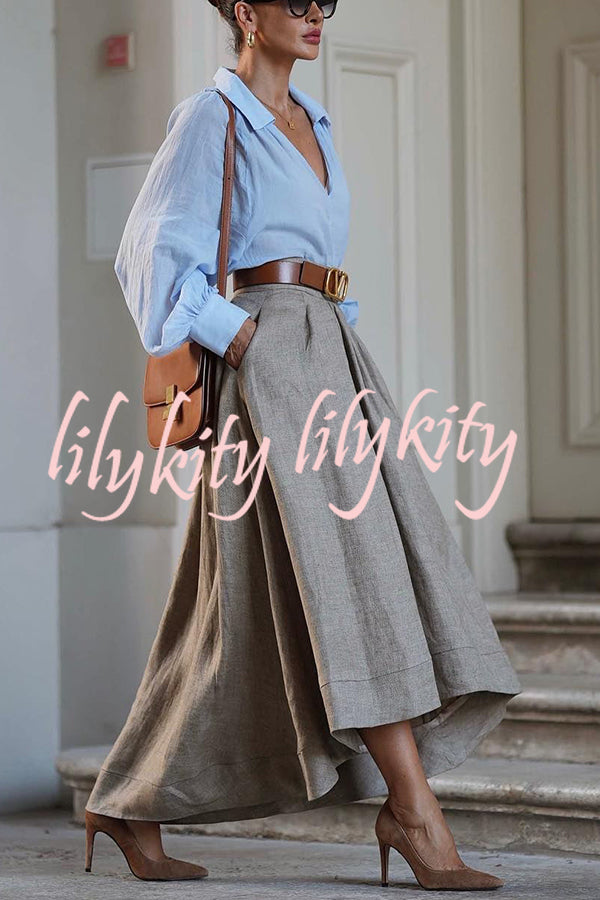 Caught A Vibe Linen Blend Back Elastic Waist Pocketed High Low Maxi Skirt