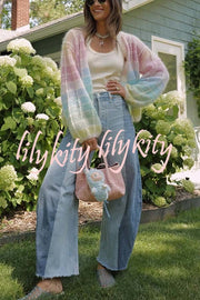 Palette Day Knit Color Blocks Open Front Balloon Sleeve Loose Cardigan