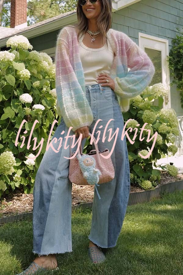 Palette Day Knit Color Blocks Open Front Balloon Sleeve Loose Cardigan